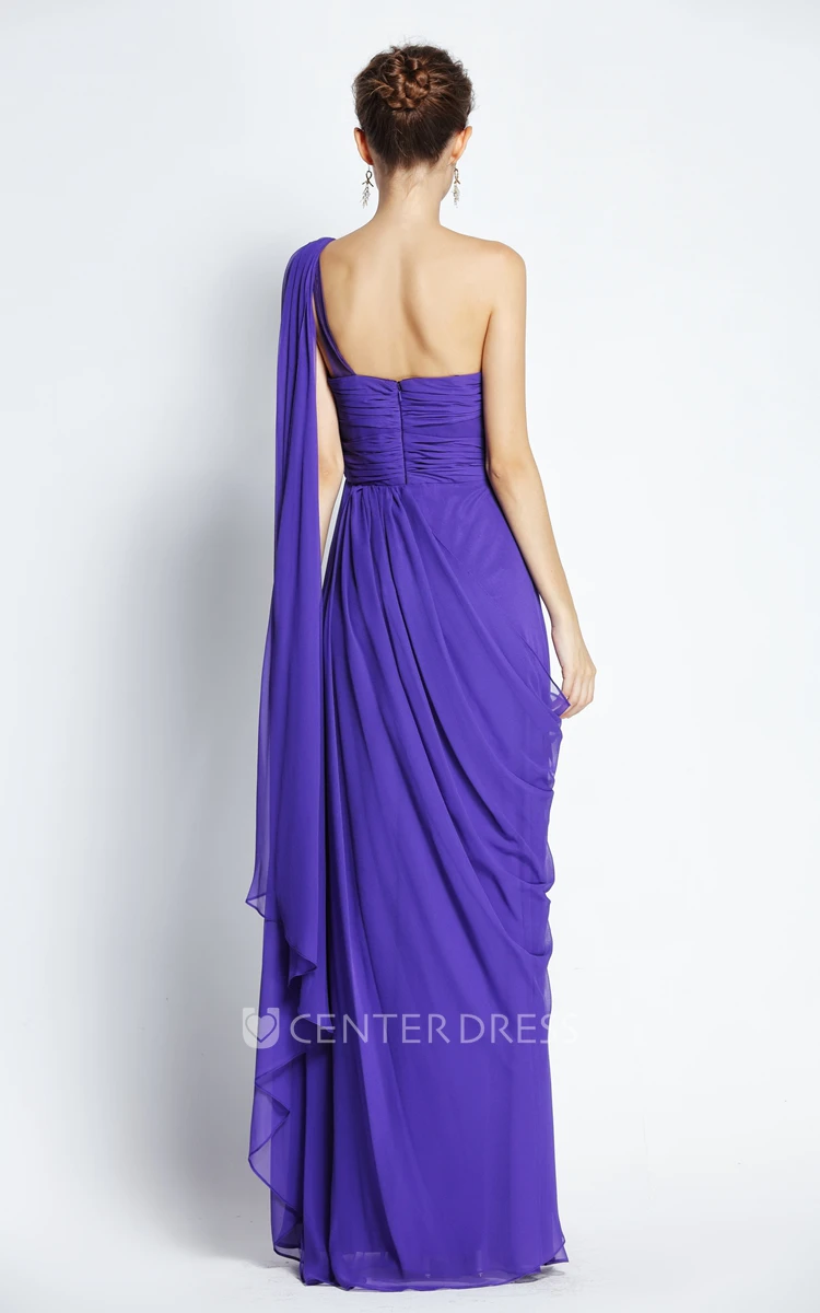 Floor-length Sleeveless A-Line One-shoulder Chiffon Prom Dress with Beading and Draping