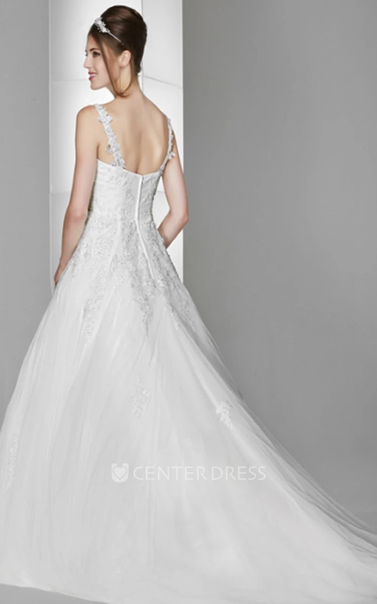 Ball Gown Floor-Length V-Neck Sleeveless Beaded Tulle&Satin Wedding Dress With Appliques