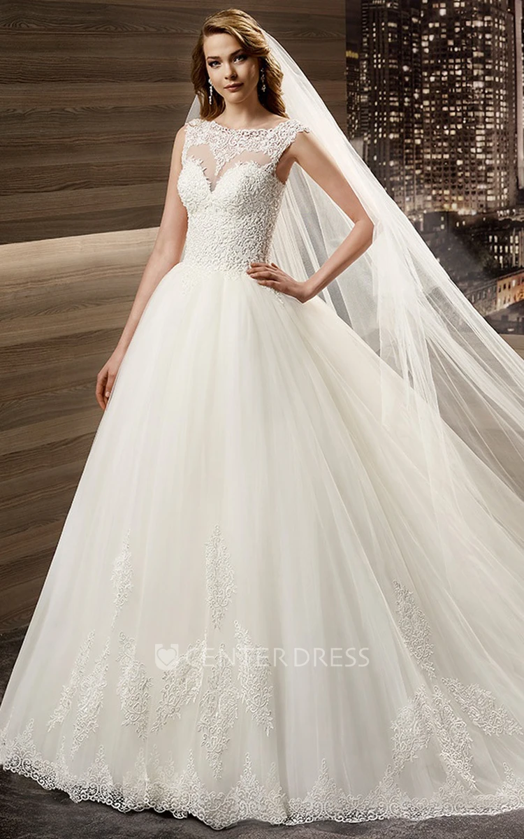 Illusion Cap sleeve Beaded A-line Wedding Gown with Jewel Neck and Court Train 