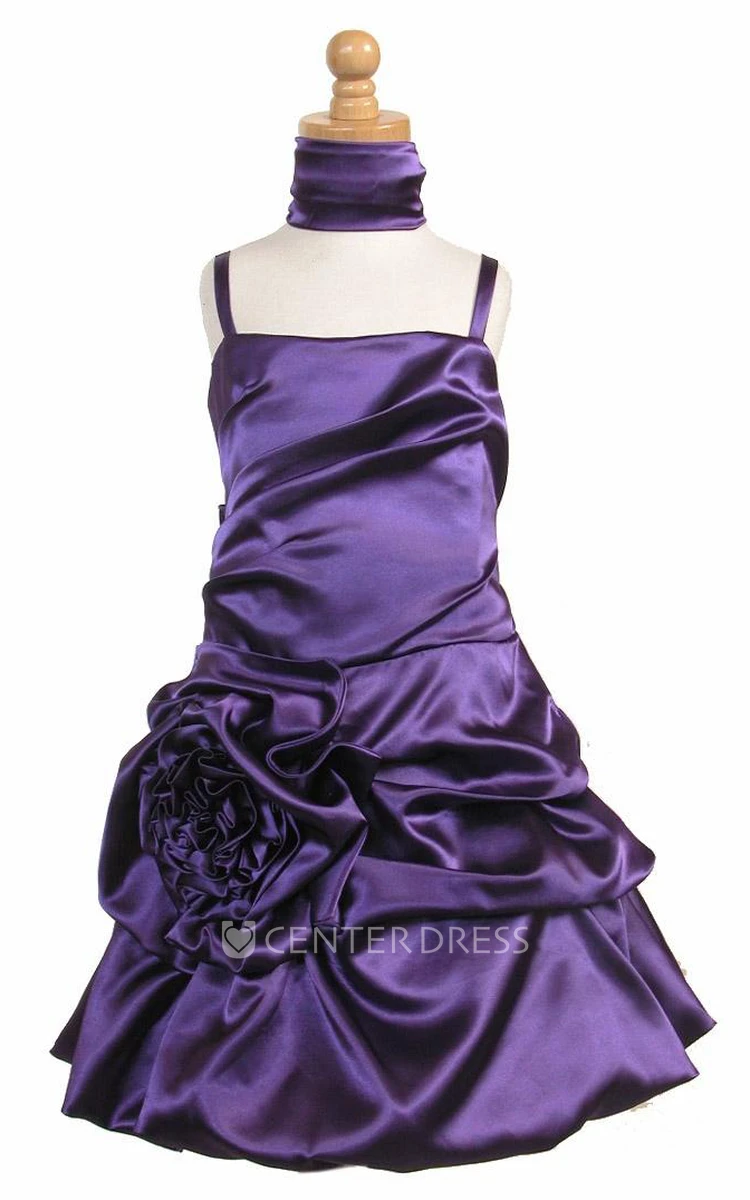 Knee-Length Cape Ruched Floral Satin Flower Girl Dress With Sash