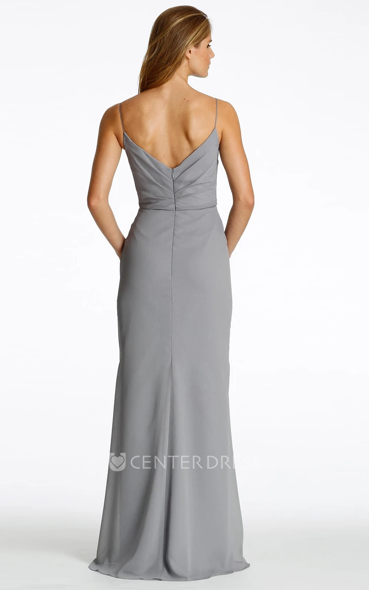 Maxi Spaghetti Ruched Sleeveless Chiffon Bridesmaid Dress With Low-V Back