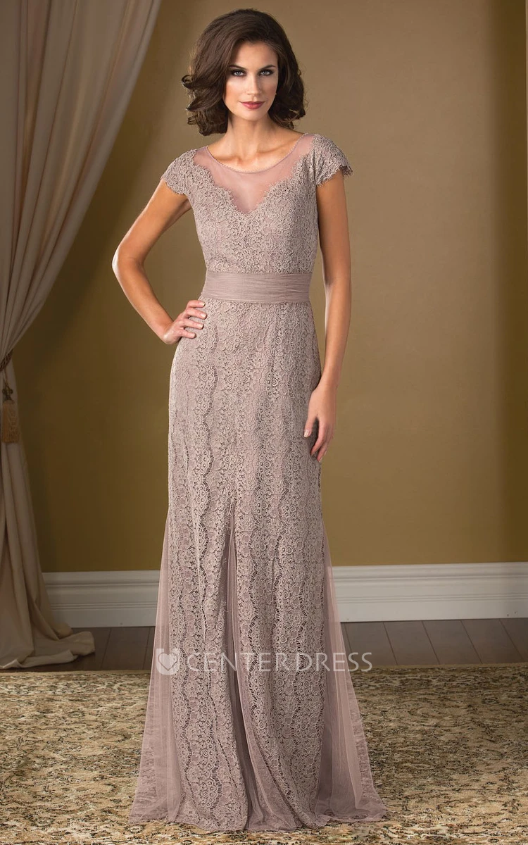 Cap-Sleeved Long Lace Mother Of The Bride MOB Dress With Illusion Back