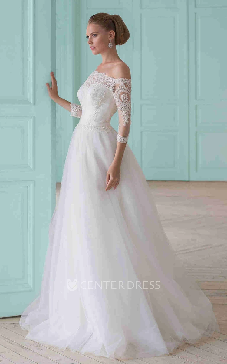 A-Line Beaded Off-The-Shoulder Long-Sleeve Tulle Wedding Dress With Lace And Illusion