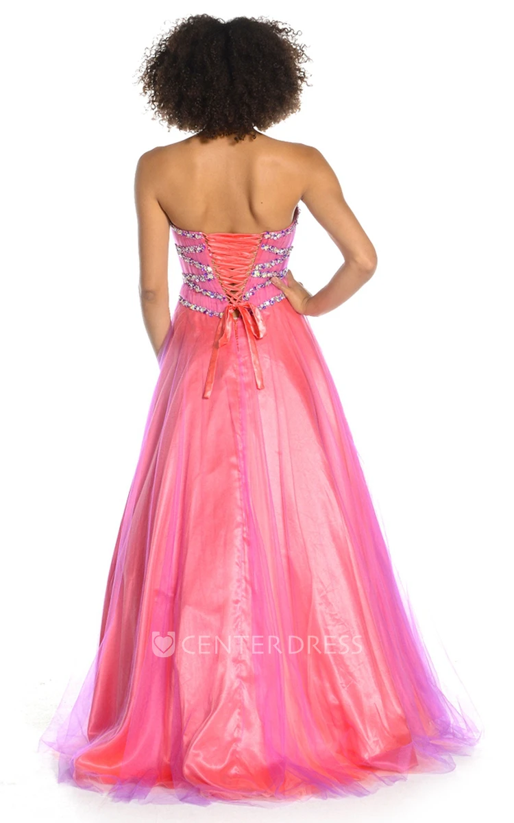 A-Line Beaded Sweetheart Sleeveless Floor-Length Tulle&Satin Prom Dress With Ruching