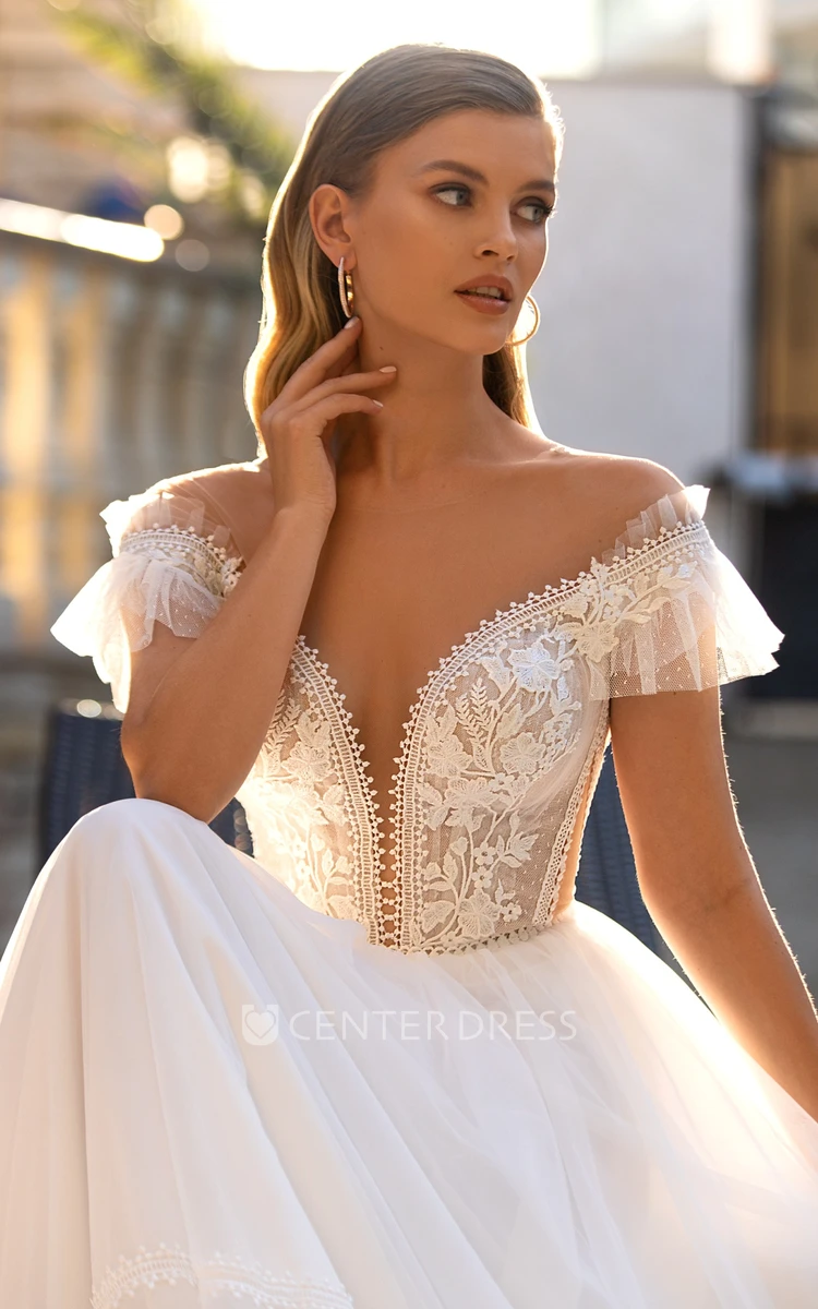 Romantic V-neck A Line Lace Court Train Wedding Dress with Appliques