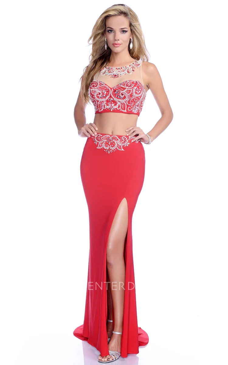Crop Top Jersey Sleeveless Side Slit Prom Dress With Jeweled Neck And Bust