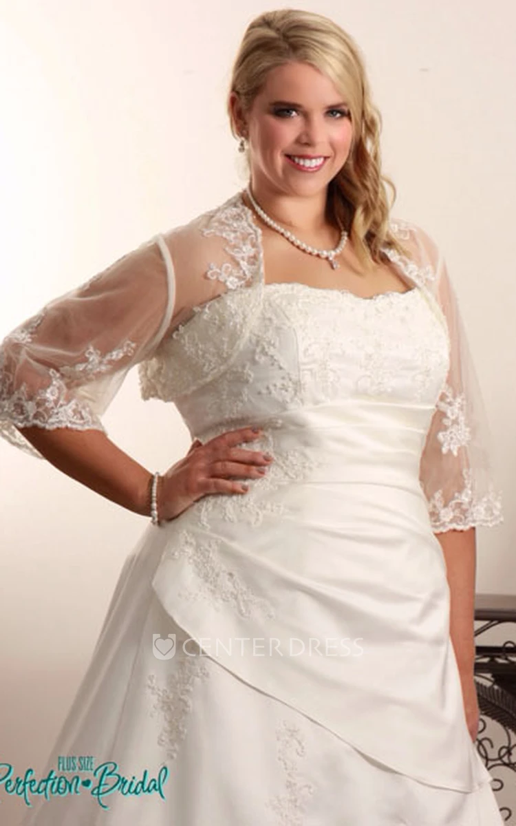 A-Line Long Off-The-Shoulder Satin Plus Size Wedding Dress With Appliques