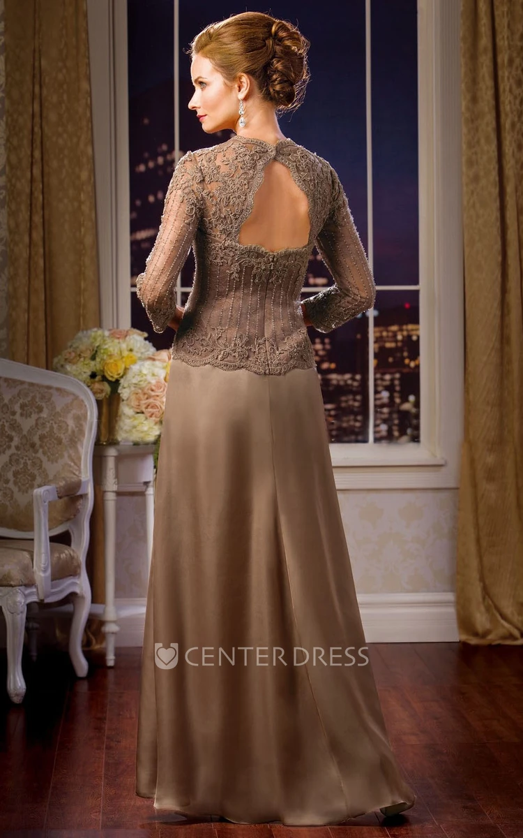 3-4 Sleeved Long Mother Of The Bride Dress With Keyhole Back And Beadings