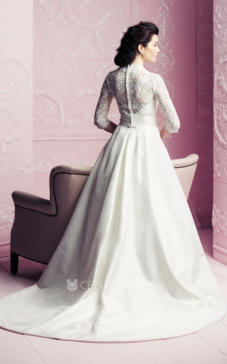 Elegant V-neck 3/4 Sleeved A-line Dress With Lace Bodice