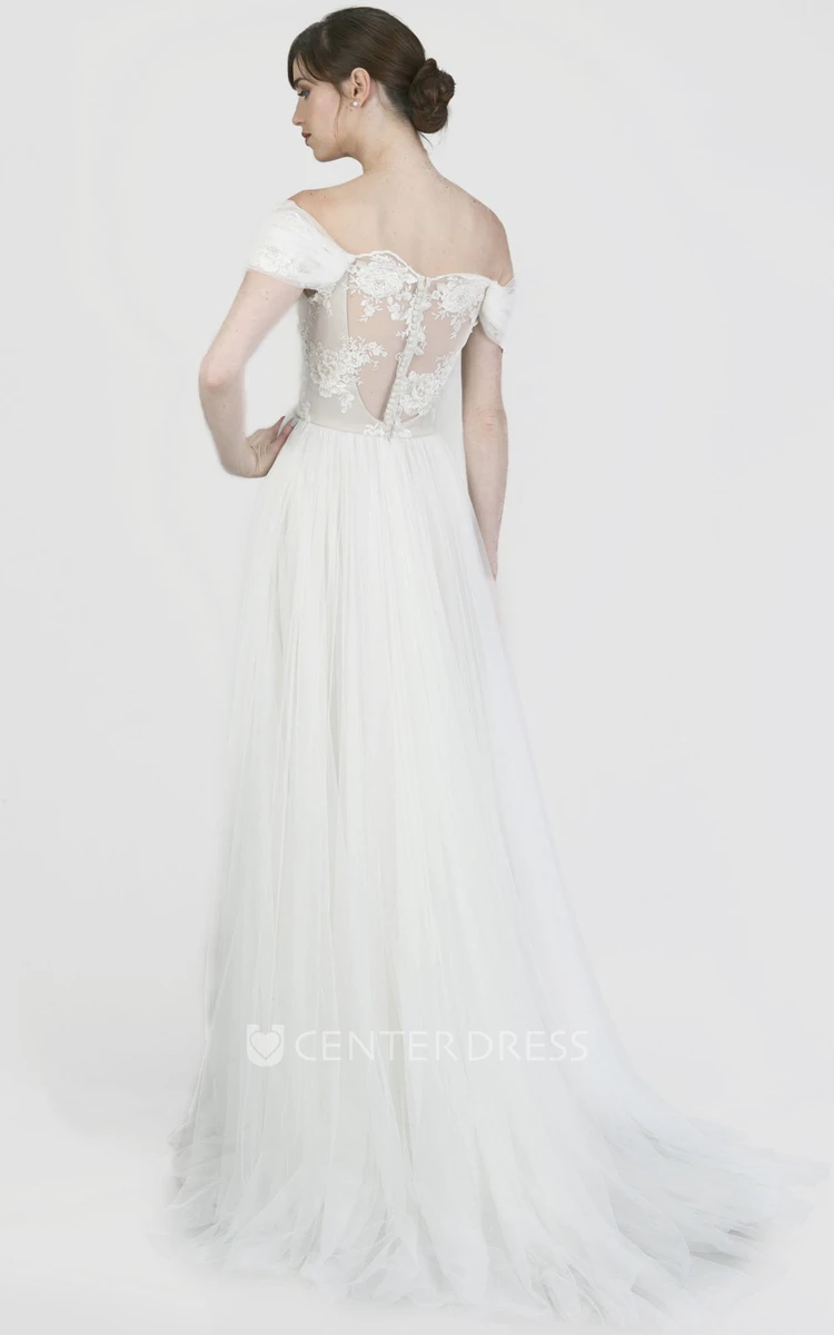 Off-The-Shoulder Floor-Length Appliqued Chiffon Wedding Dress