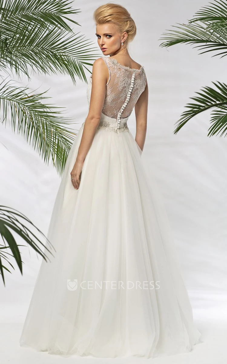 A-Line Long Bateau-Neck Sleeveless Beaded Tulle&Satin Wedding Dress