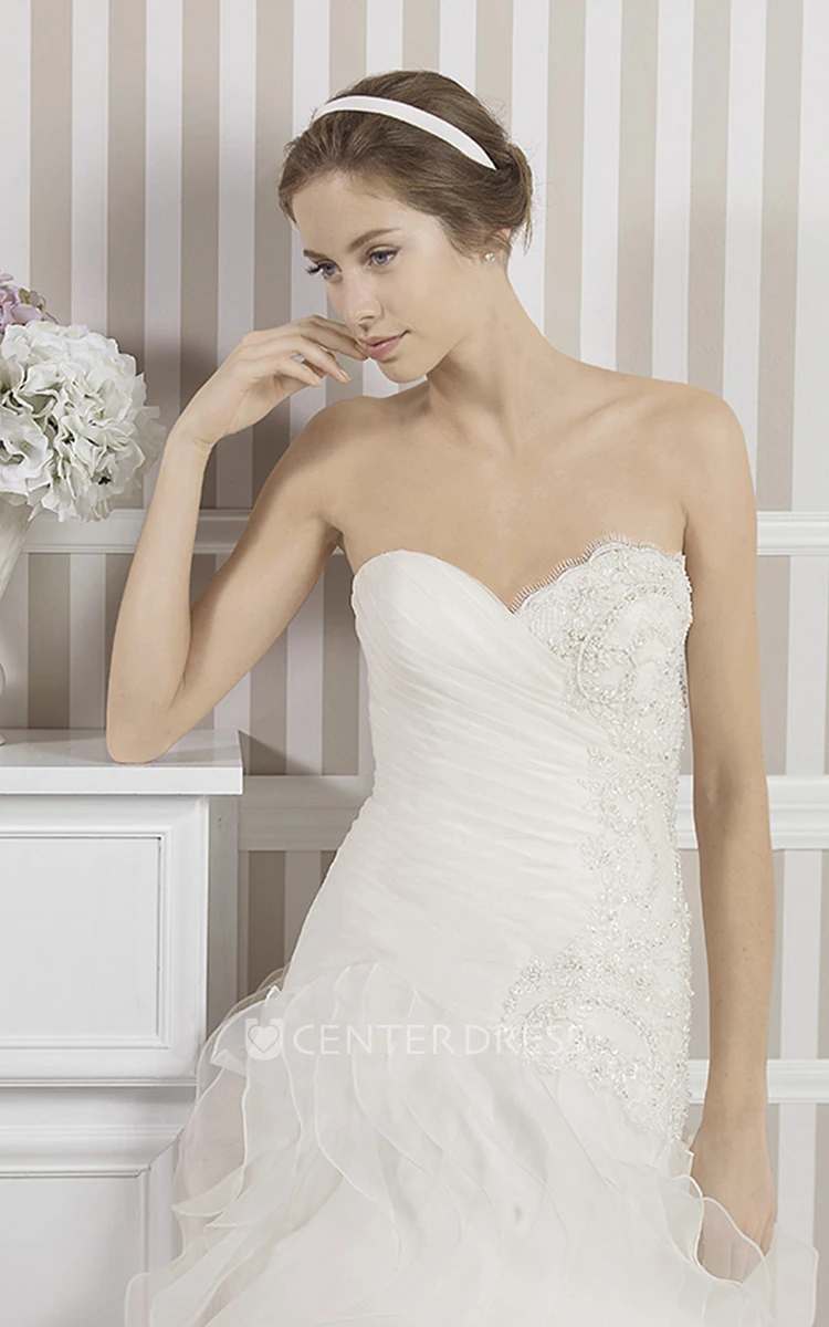 A-Line Ruffled Sweetheart Floor-Length Organza Wedding Dress With Cascading Ruffles And Beading