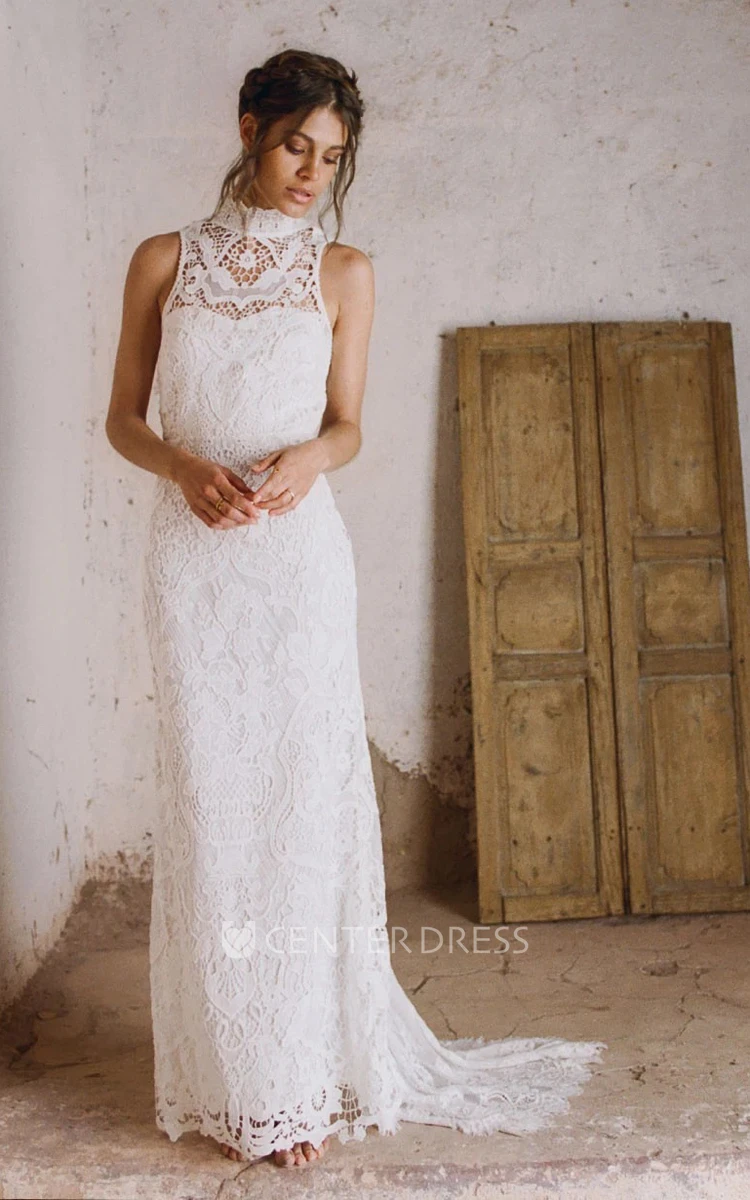 Sexy Lace High Neck Sleeveless Keyhole Back Bridal Gown