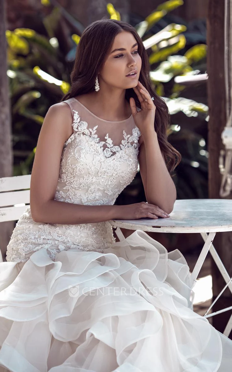 Floor-Length Scoop Appliqued Lace Wedding Dress With Court Train And Illusion