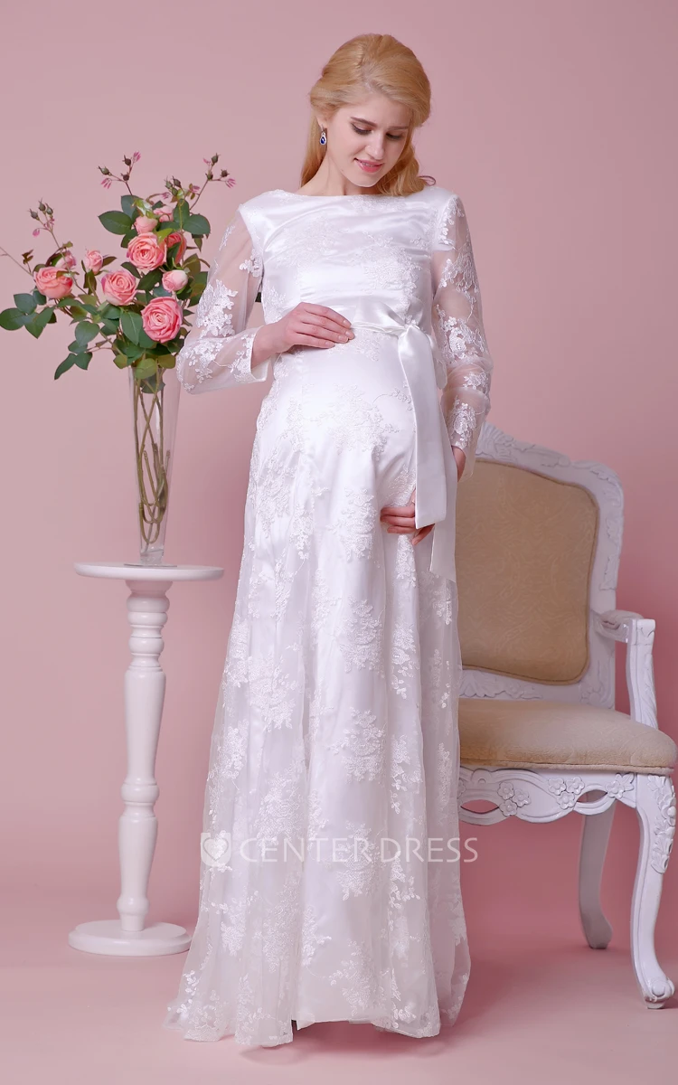 Long-Sleeve Bateau Lace Maternity Wedding Dress With Scoop Back