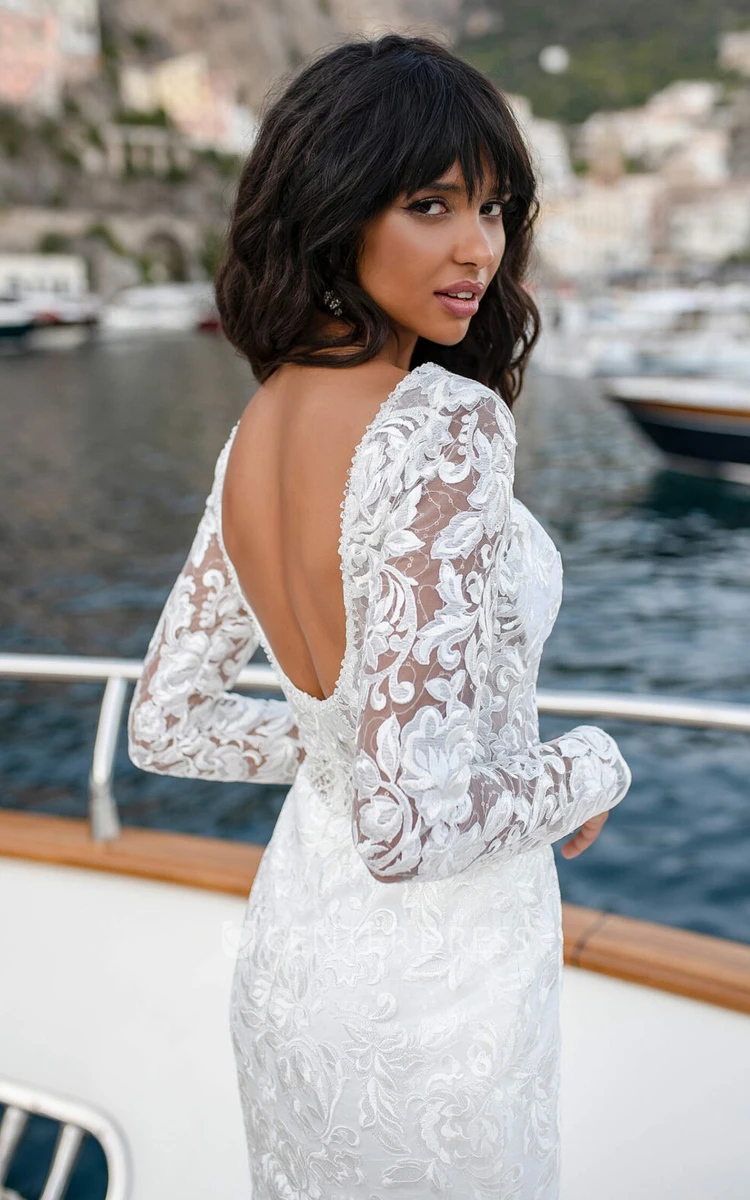 Simple Trumpet Sequins Bateau Wedding Dress With Illusion Sleeve And Low-V Back
