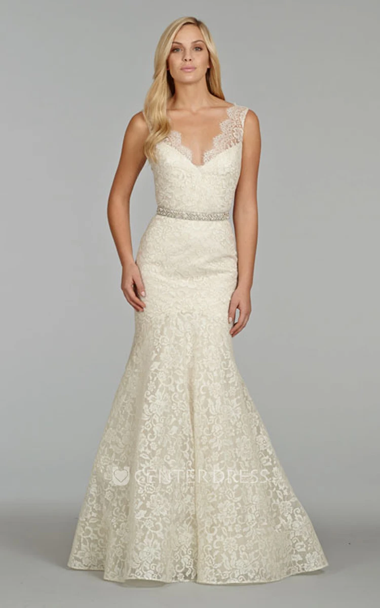 Delicate V-Neck Floor Length Lace Gown With Crystal Ribbon Belt