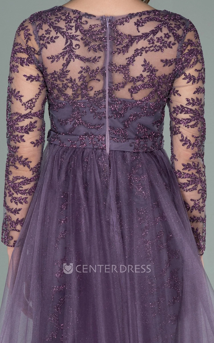 Casual Sheath Bateau Lace Tulle Mother Dress With Long Sleeve And Sash