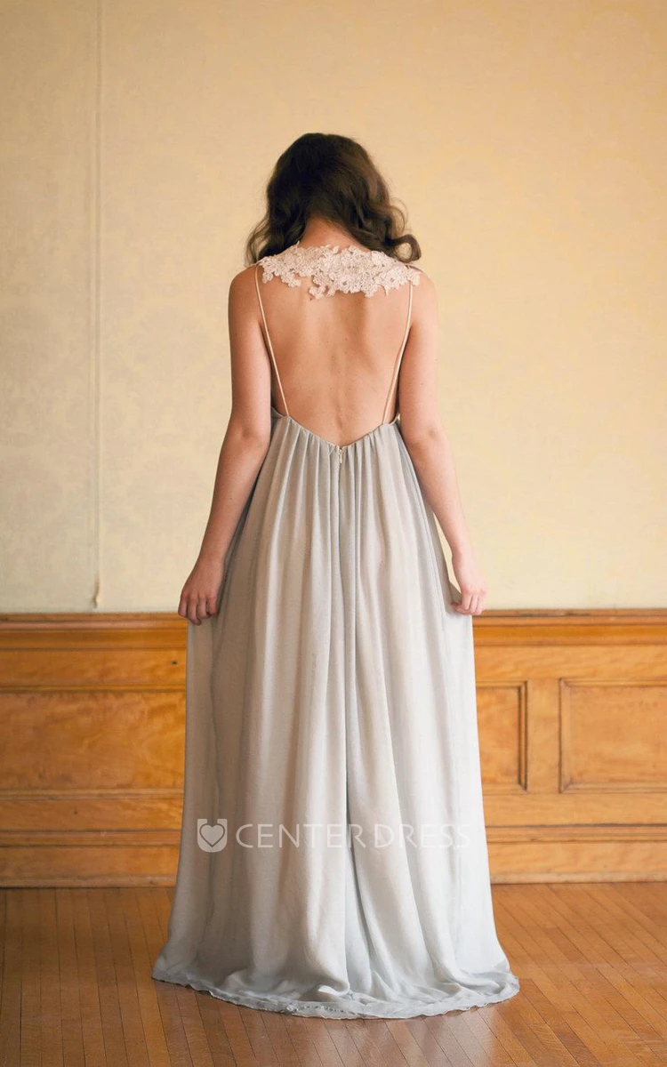 V-Neck Sleeveless Backless Long Chiffon Wedding Dress With Ruching