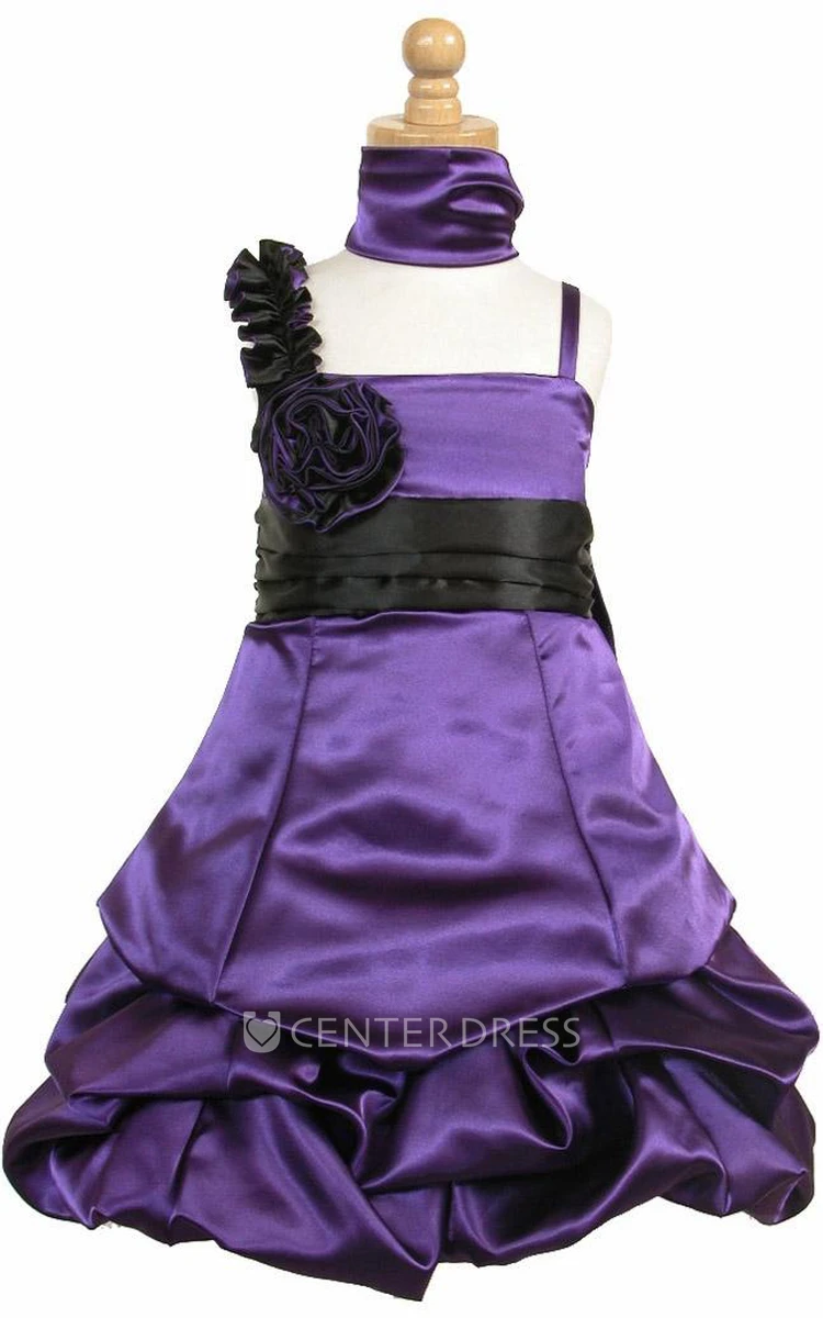 Midi Cape Floral Ruched Satin Flower Girl Dress With Ribbon