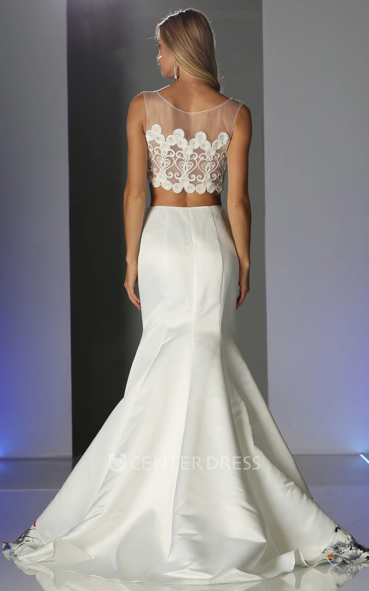 Two-Piece Trumpet Bateau Sleeveless Satin Illusion Dress With Appliques And Cascading Ruffles