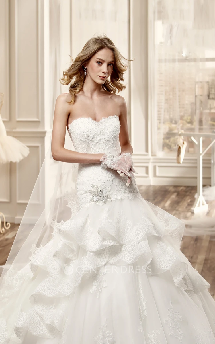 Sweetheart Long Lace Wedding Dress With Ruffles And Tiers Train