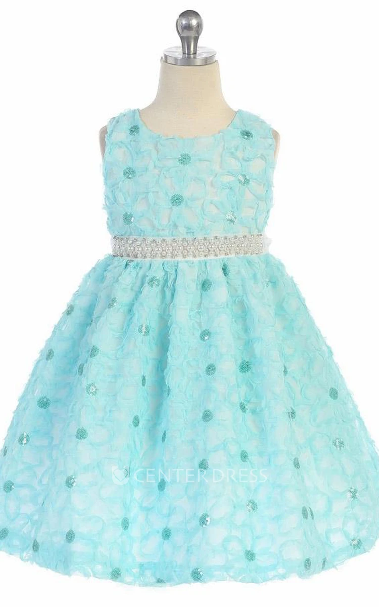 Tea-Length Beaded Tiered Sequins Flower Girl Dress