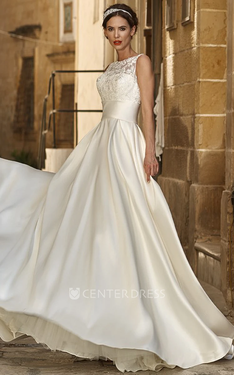 A-Line Sleeveless Floor-Length Appliqued Jewel-Neck Satin Wedding Dress
