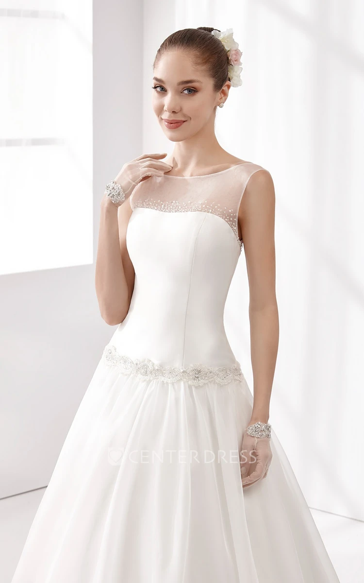 Jewel-neck Waist-drop Wedding Gown with Beaded Details and Illusive Neckline 