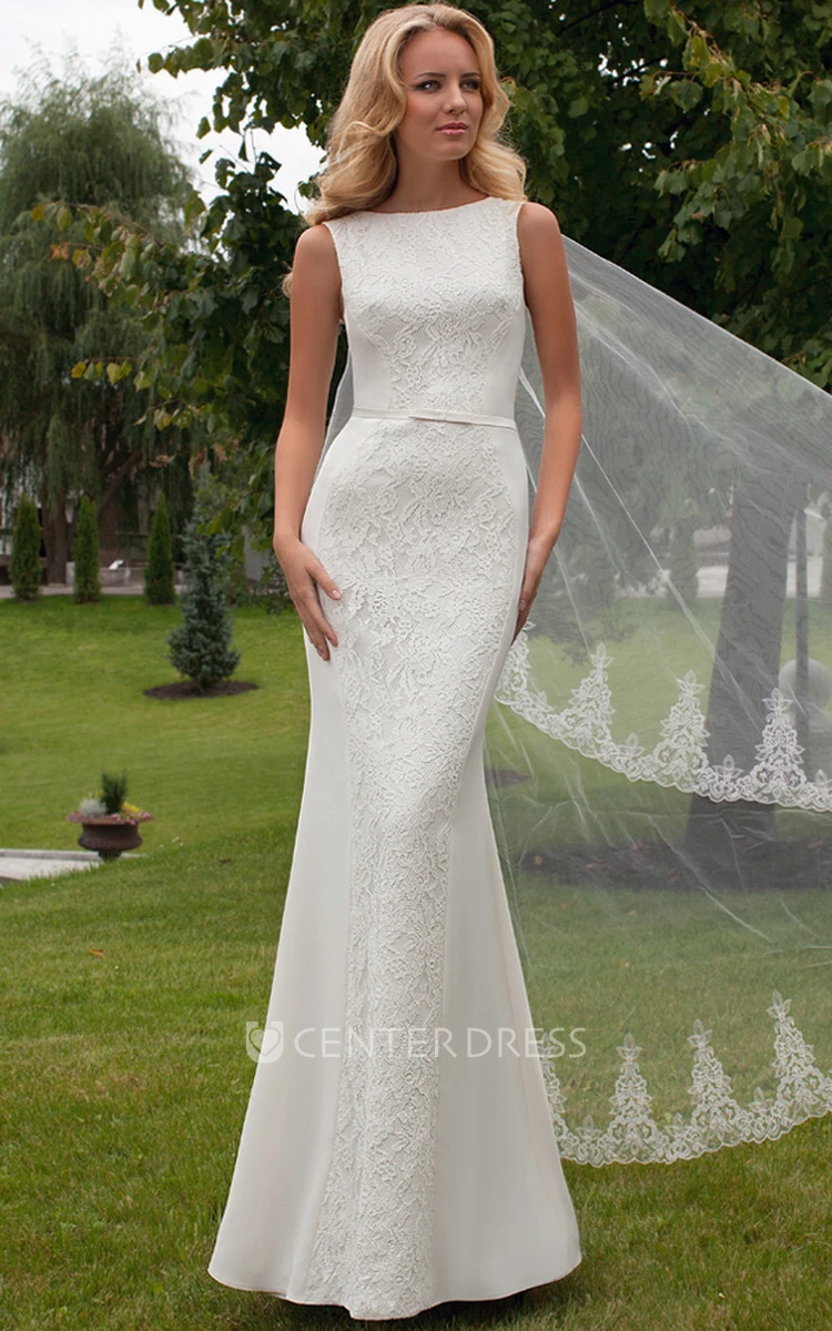 Floor-Length Jewel Lace Wedding Dress With V Back