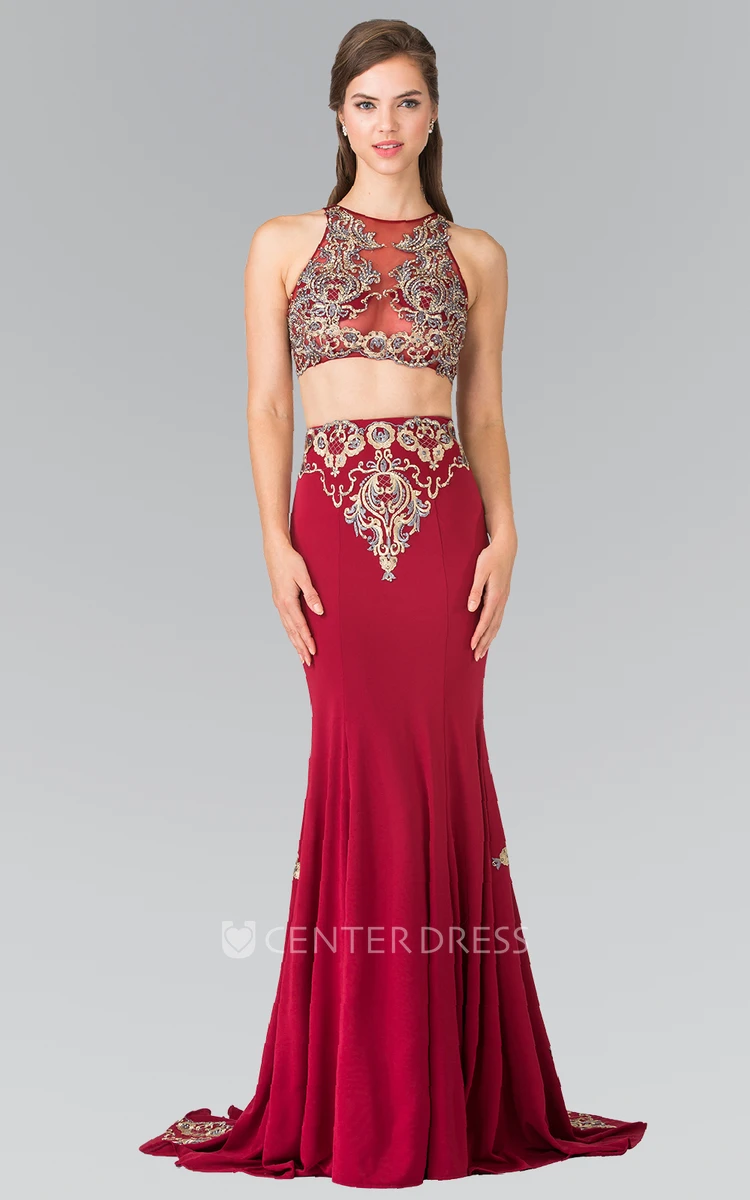 Two-Piece Sheath Maxi Jewel-Neck Sleeveless Jersey Illusion Dress With Appliques And Pleats