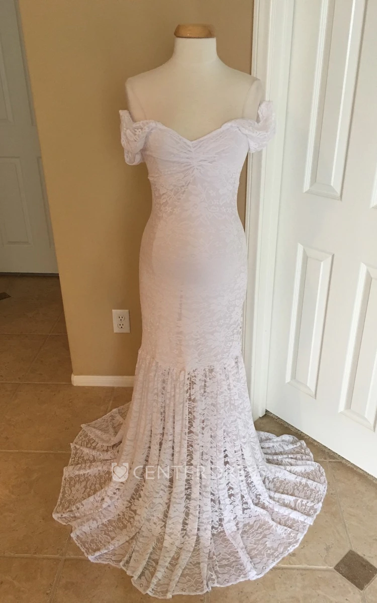 Mermaid Lace Off-the-shoulder Short Sleeve Pleated Ruched Maternity Wedding Dress