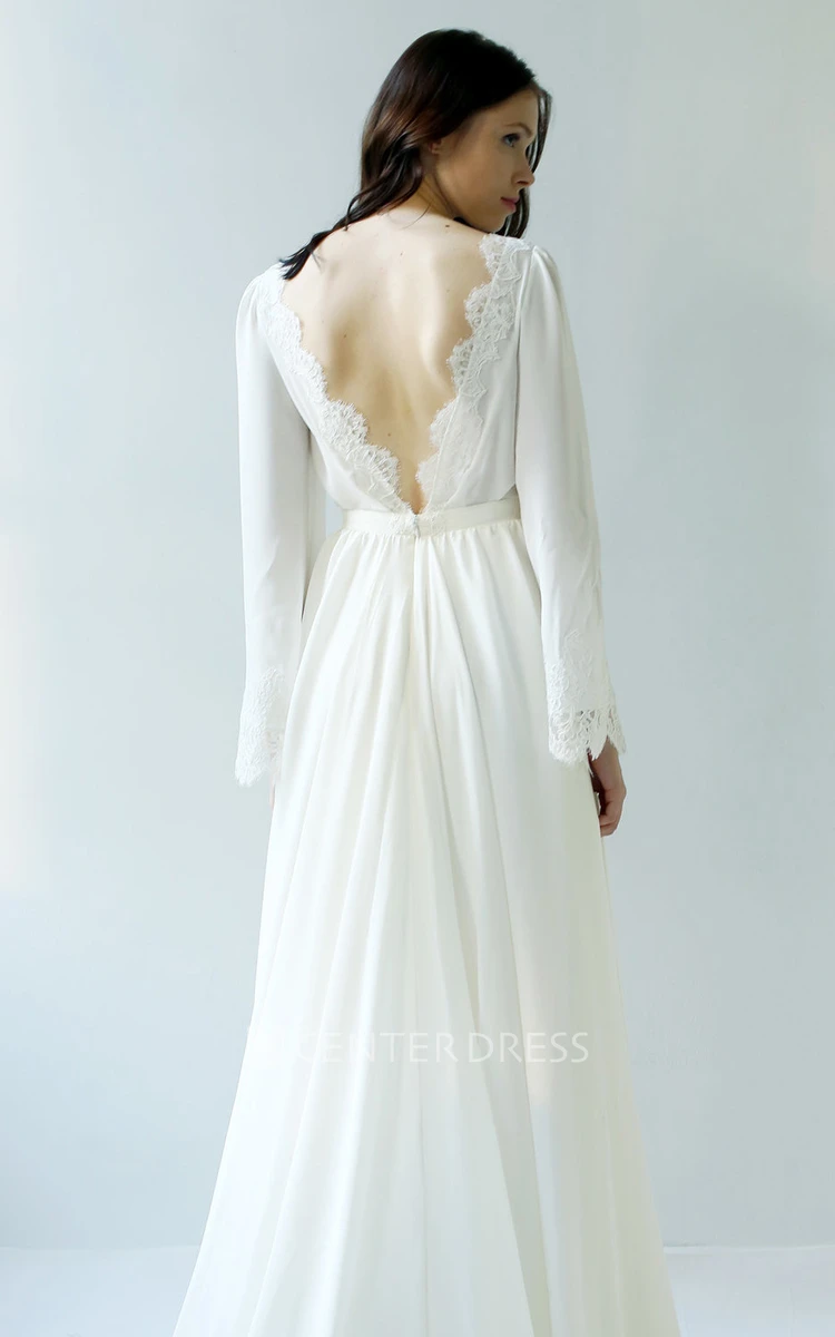 Sexy Chiffon Long Sleeve Scalloped Long Bridal Gown with Deep-V Back