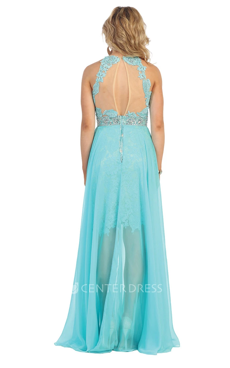 A-Line High Neck Chiffon Lace Illusion Dress With Waist Jewellery And Split Front