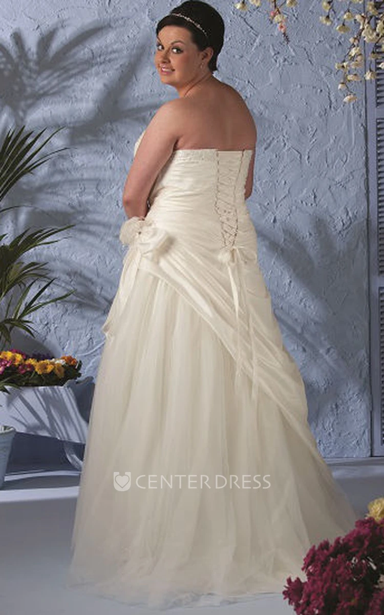 Strapless Lace-up Taffeta Wrapped Bridal Gown With Flower And Tulle Skirt