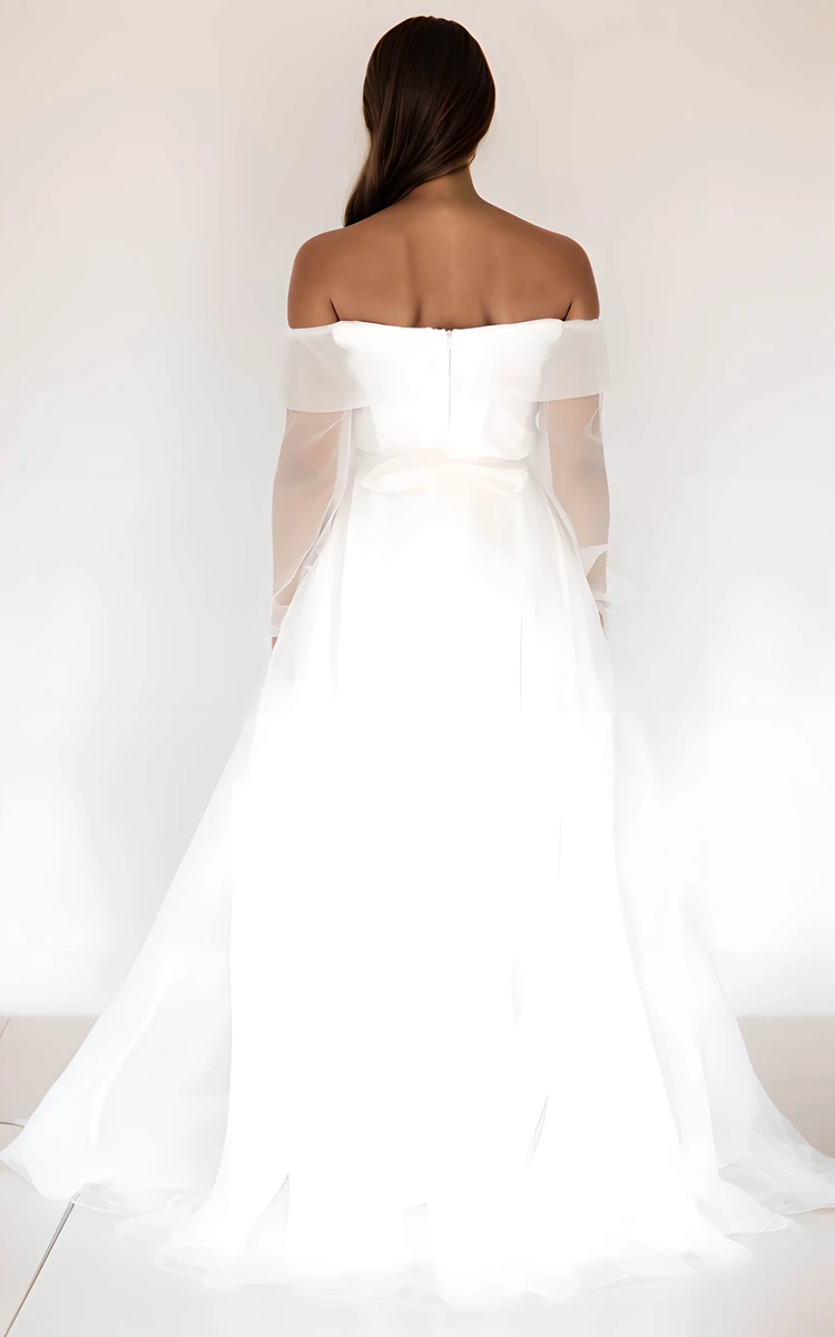 Sexy A-Line Front Split Simple Sweetheart Tulle Off-the-Shoulder Solid Satin Dress