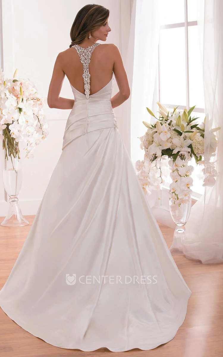 Sleeveless Square-Neck Ruched Wedding Dress With Crystal Straps