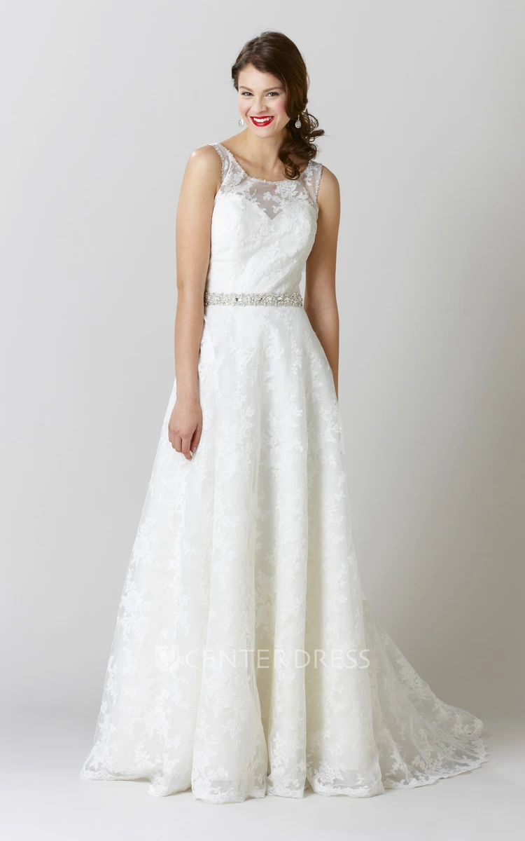 A-Line Appliqued Bateau Long Sleeveless Lace Wedding Dress With Waist Jewellery And Low-V Back