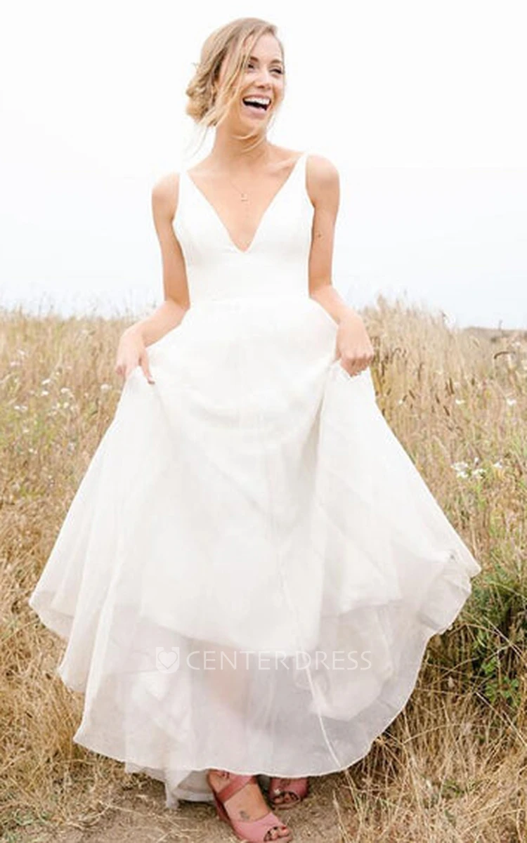 V-neck A-Line Chiffon Romantic Wedding Dress With Open Back And Sweep Train