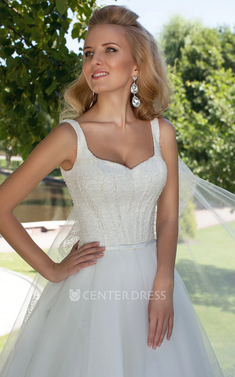 Ball-Gown Square Long Sleeveless Beaded Tulle Wedding Dress With Corset Back