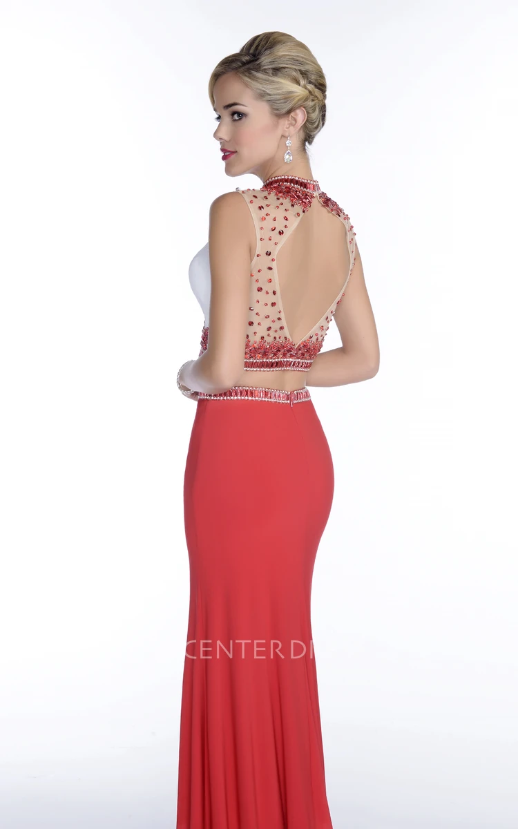 Side Slit Sleeveless Sheath Jersey Prom Dress With Rhinestones And Embroideries