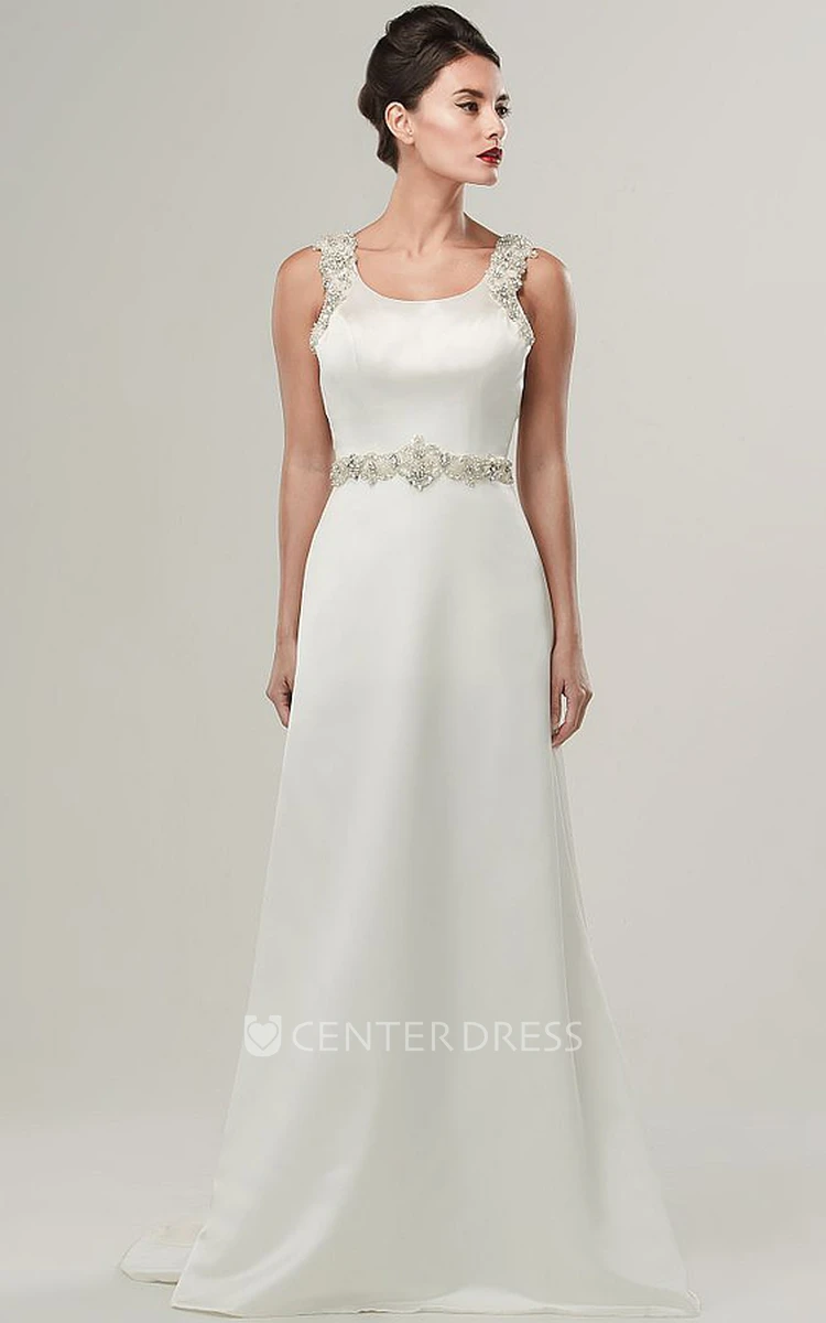 Square Maxi Beaded Satin Wedding Dress With Sweep Train And Illusion
