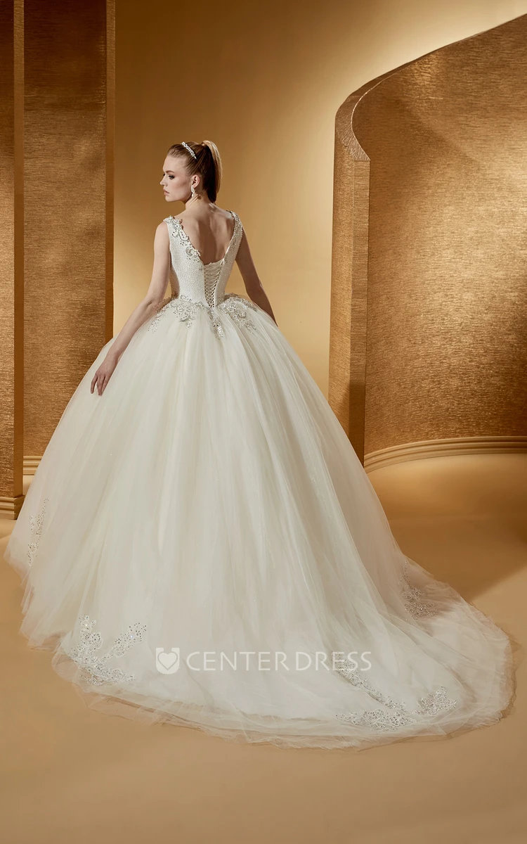 Chic V-Neck Beaded Ball Gown With Cap Sleeves And Lace-Up Back
