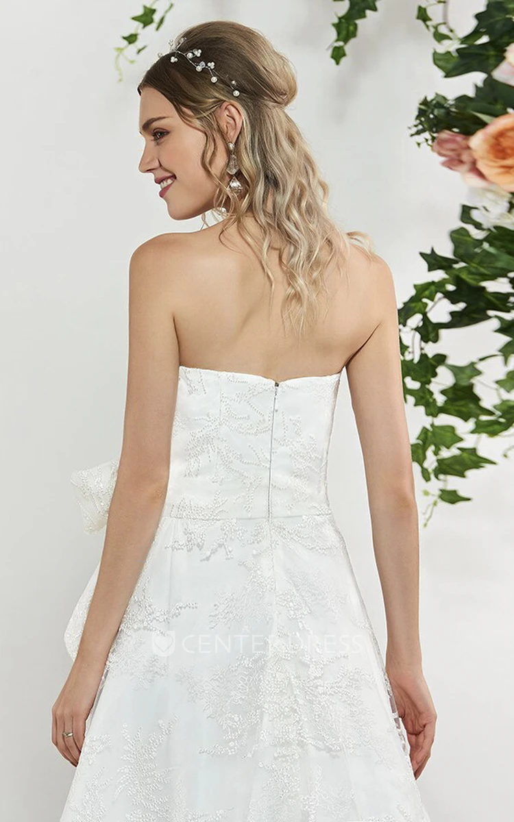 Lace Sleeveless Sweet High-low Wedding Dress With Sash And Bow