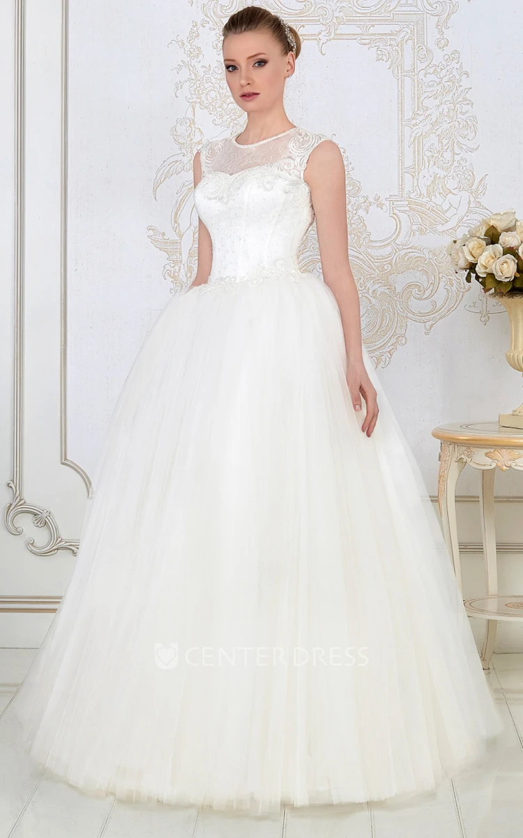 Ball Gown Beaded Sleeveless Scoop-Neck Floor-Length Tulle Wedding Dress With Appliques