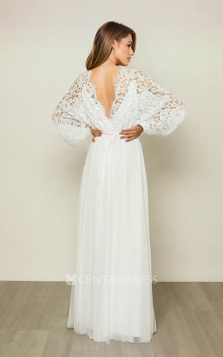 Lace Bohemian Bat Long Sleeve Ethereal V-neck Sheath Floor-length Bride Wedding Dress