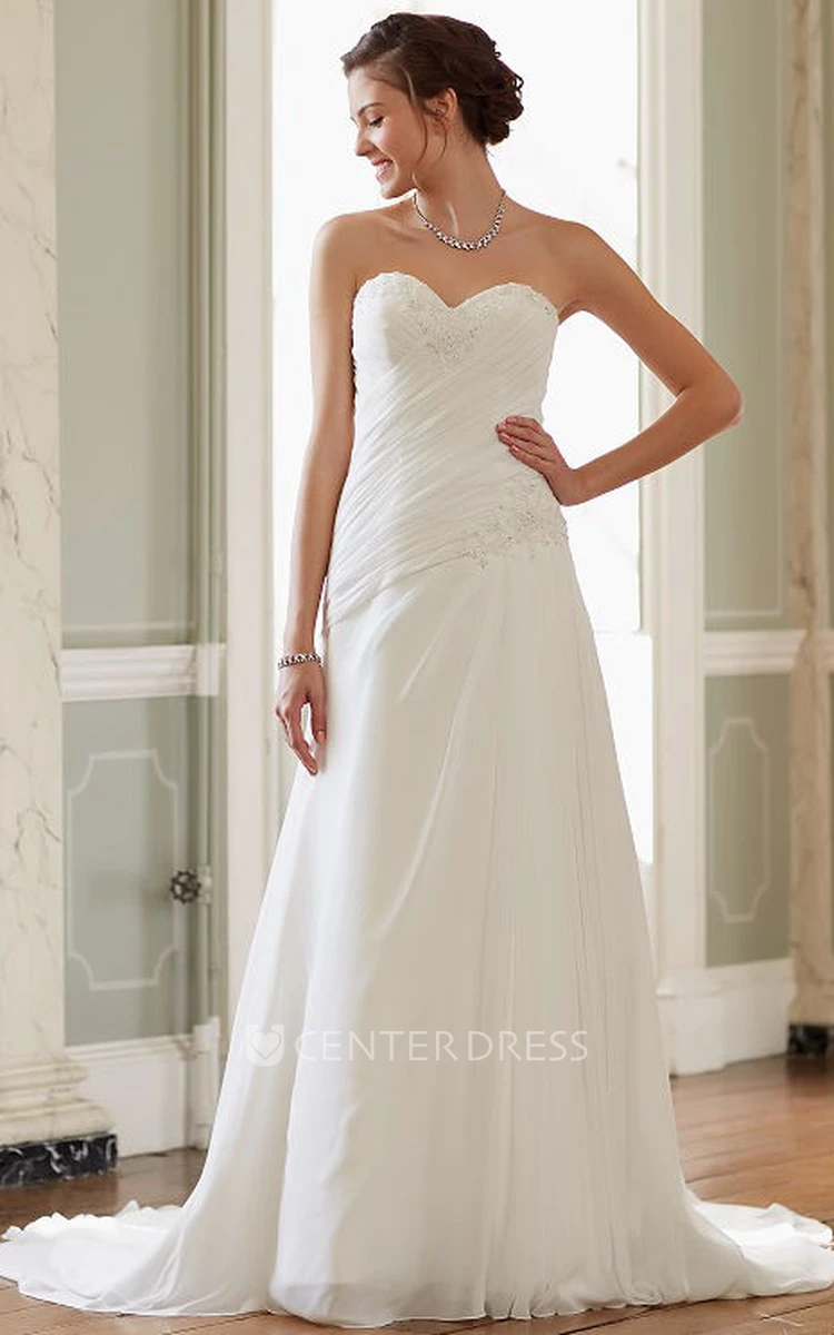 Long Sweetheart Ruched Chiffon Wedding Dress With Court Train And Corset Back