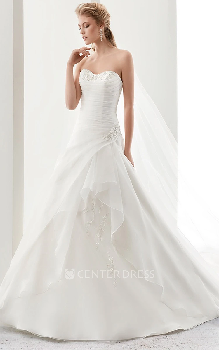 Sweetheart Pleated A-line Wedding Dress with Beaded Bust and Side Ruffles 