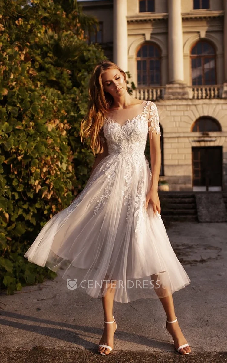 Tea-length A-Line V-neck Lace Ethereal Short Sleeve Bride Wedding Dress with Button Back