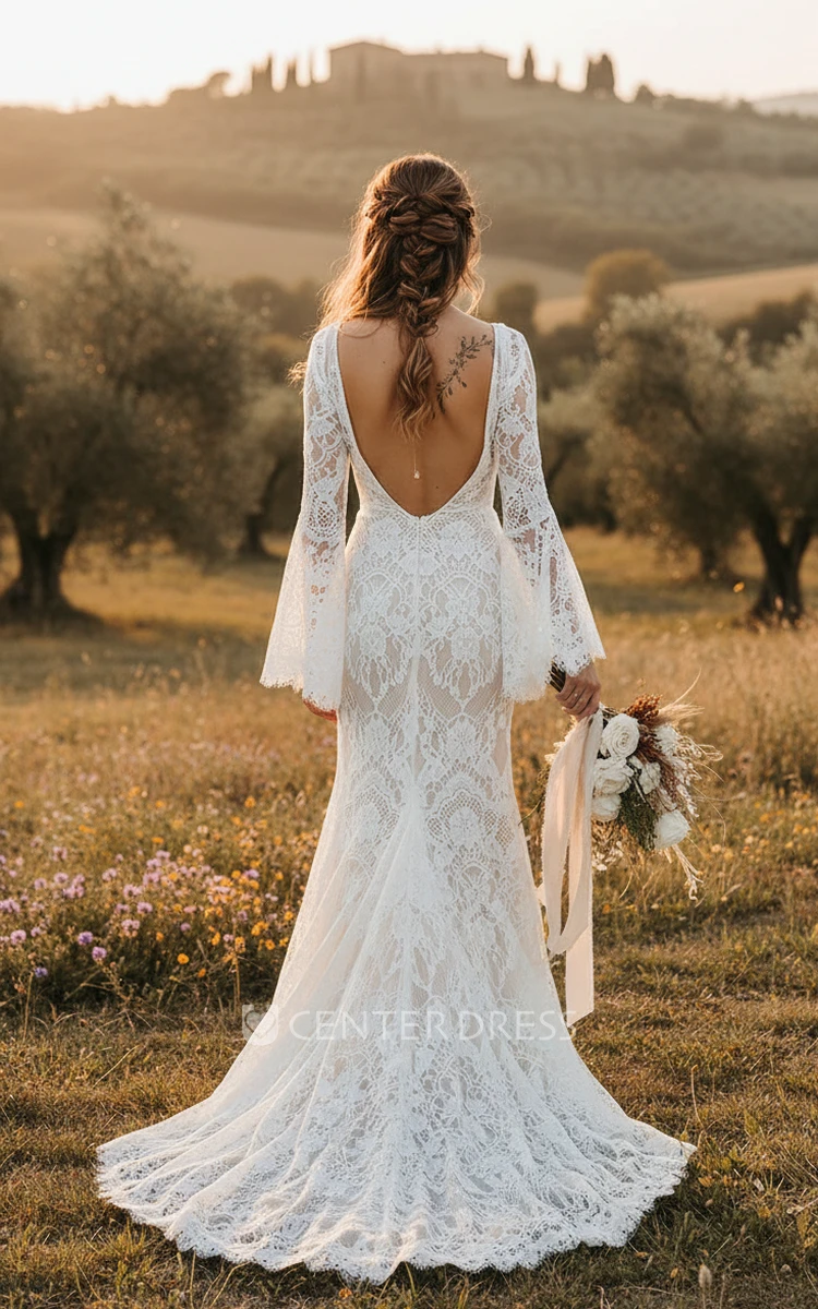 Bohemian Elegant Petal Plus Size Lace Long Sleeve Spring Wedding Dress